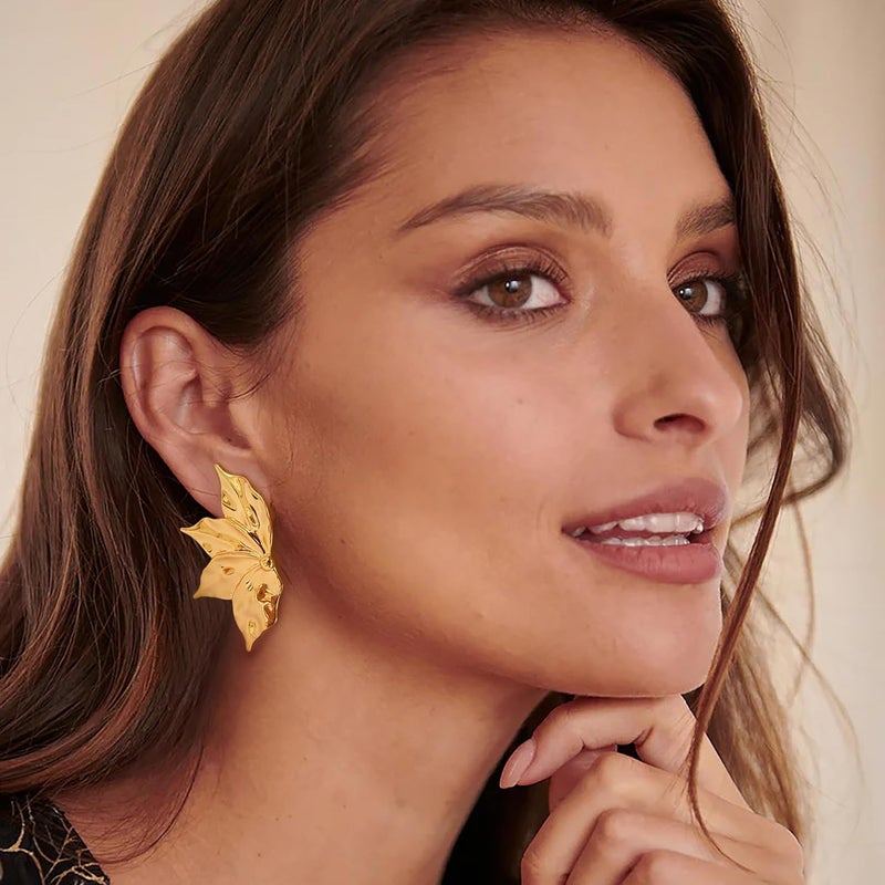 FAUTHENTICUTE Chunky Gold Statement Earrings For Women Gold Plated Sectored Flower Leaf Shell Angel Wing Earrings Large Stud Earrings Hypoallergenic Earrings - Image 2